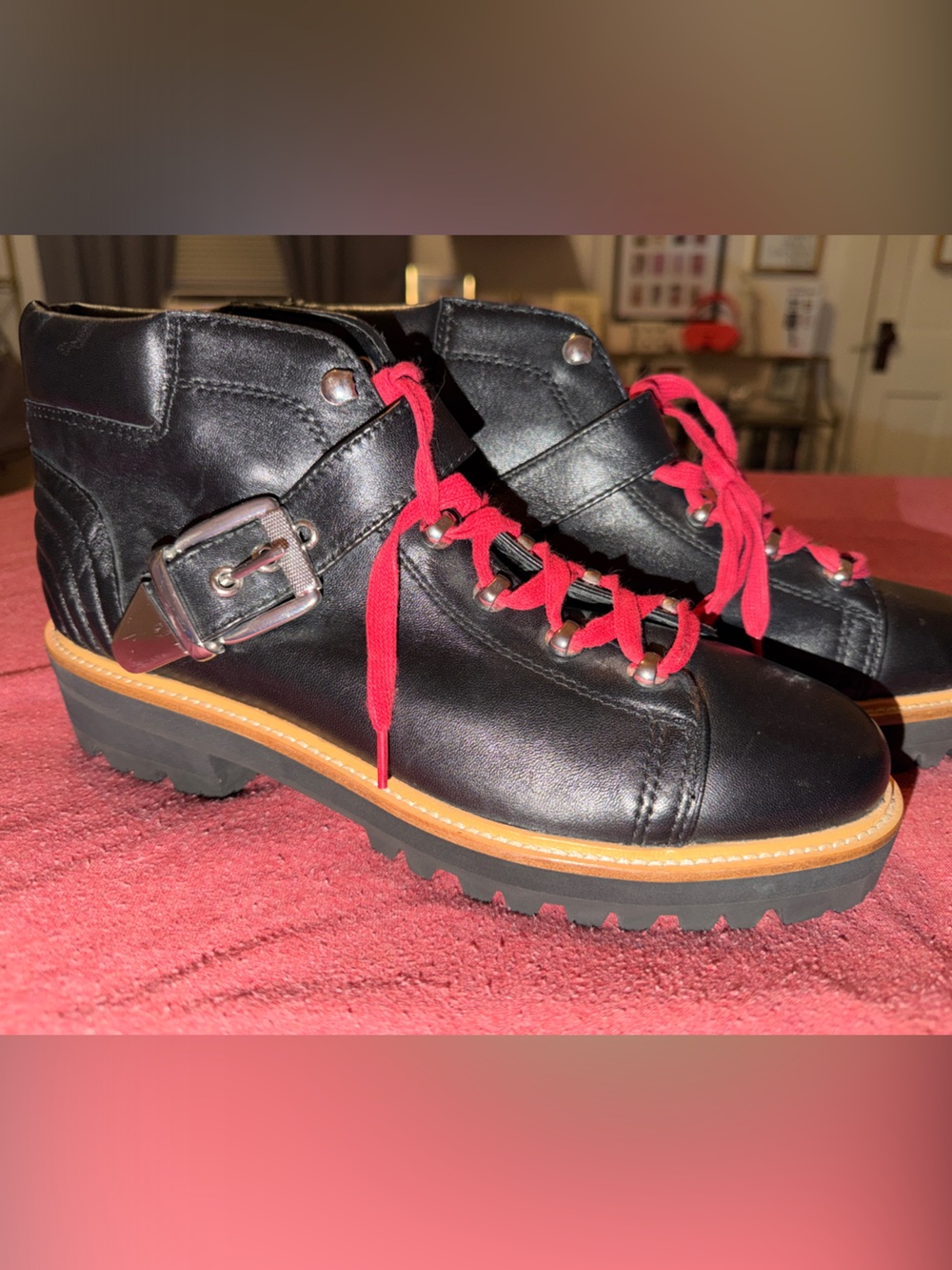 Marc Fisher Black Leather Lug Ankle Boot with Red Laces
